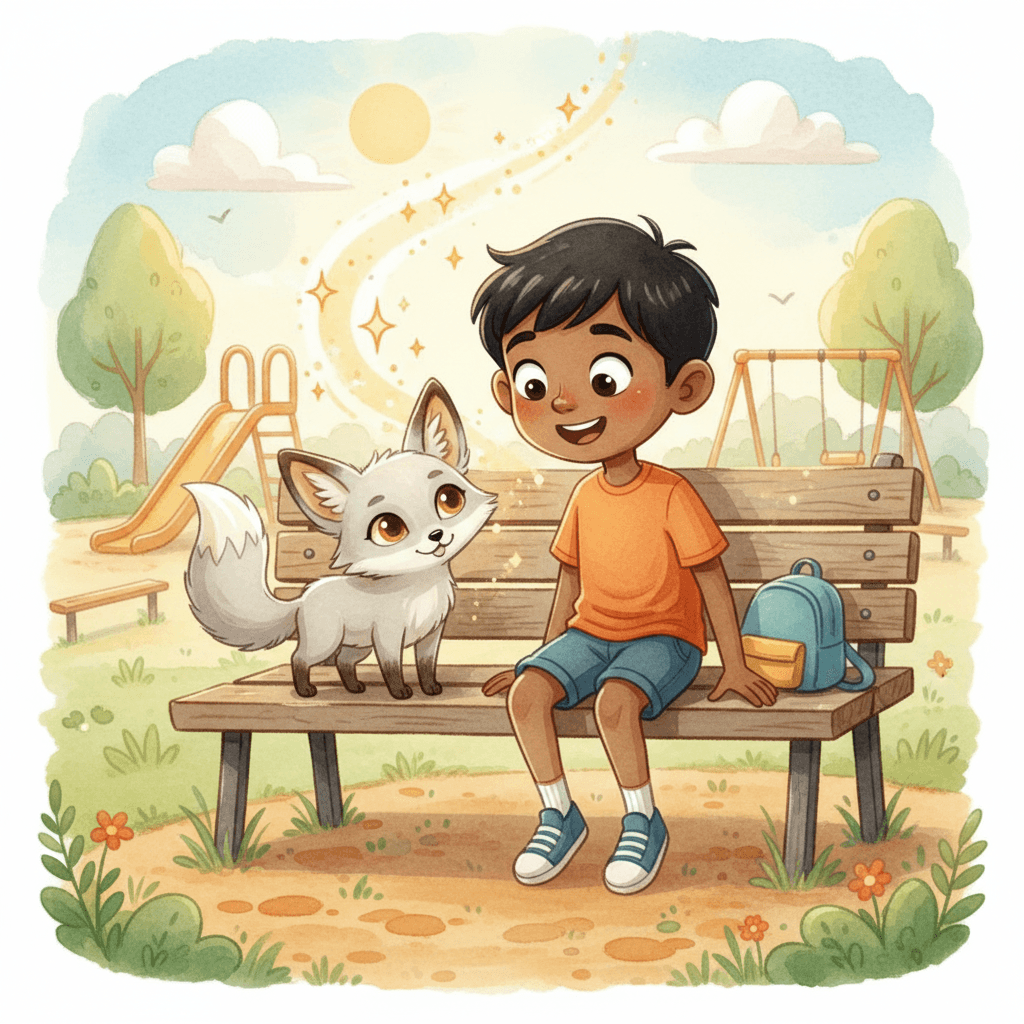 Kumo the silver Cloud Fox sitting on a bench next to Aarav, with golden sparkles floating between them