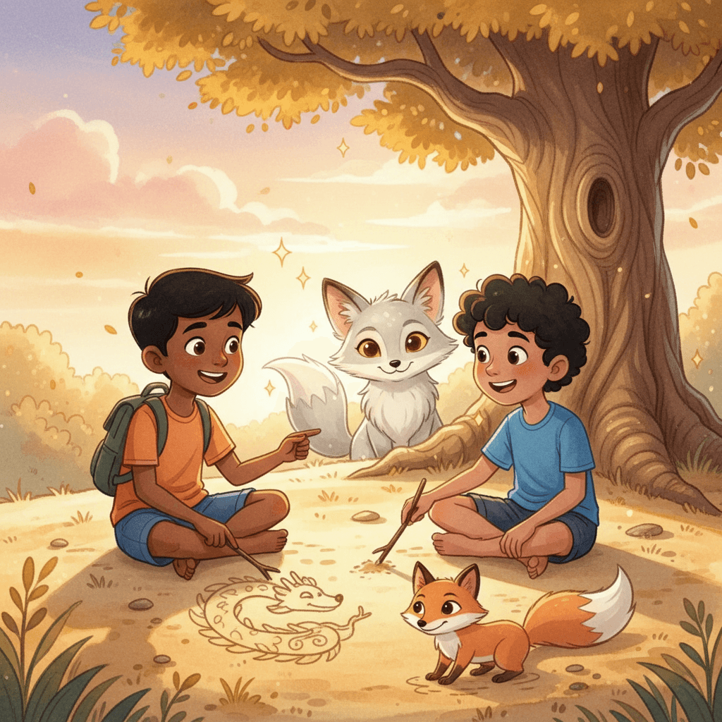 Aarav and Rohan sitting together on the ground, drawing a dragon together while Kumo watches from a distance