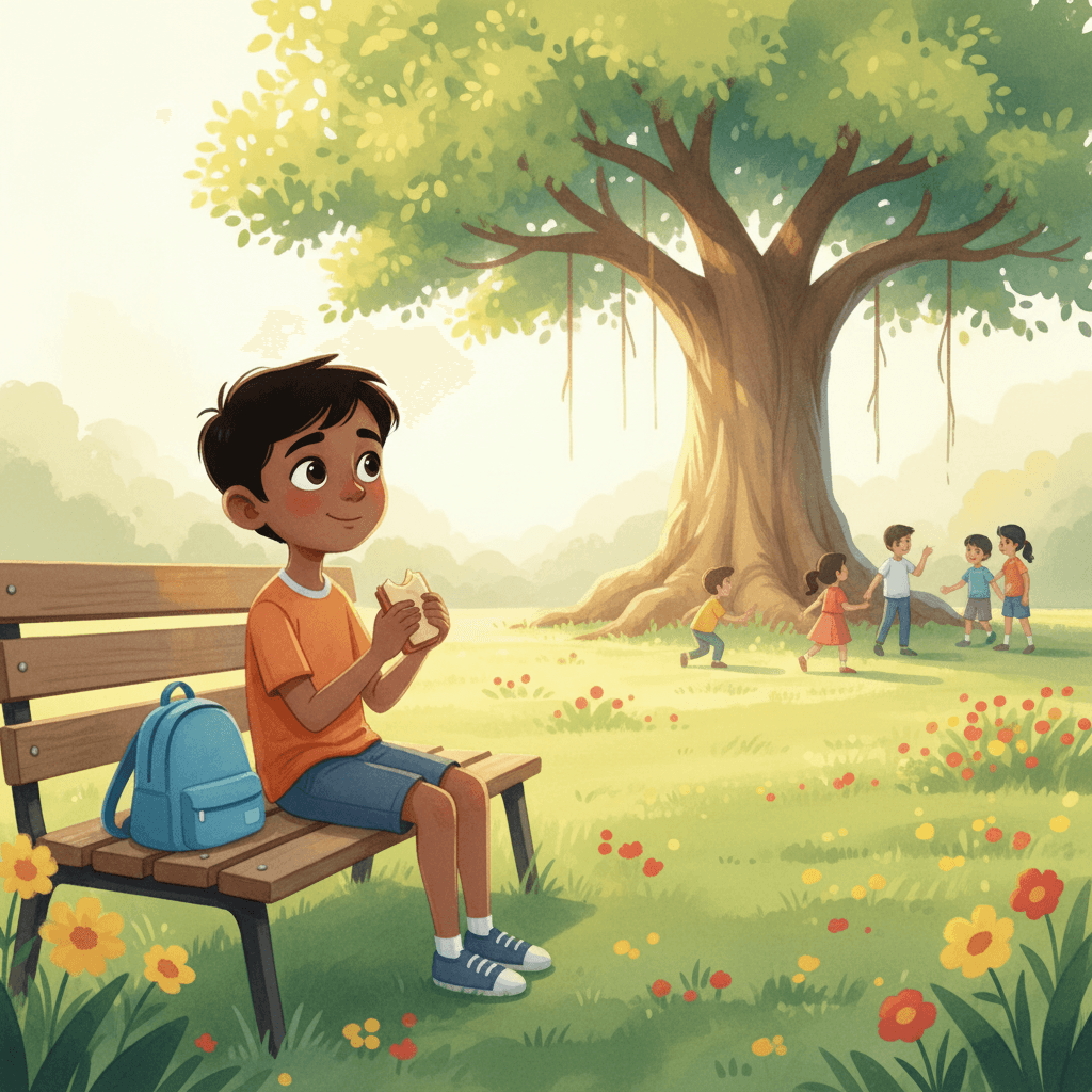 Aarav standing alone at the edge of the playground, watching other children play in the distance near a banyan tree