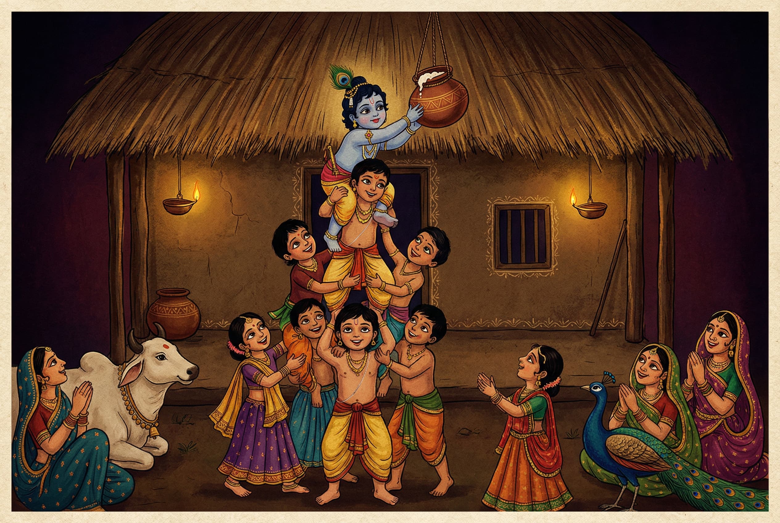 Krishna with his friends making a human pyramid to reach the butter pot