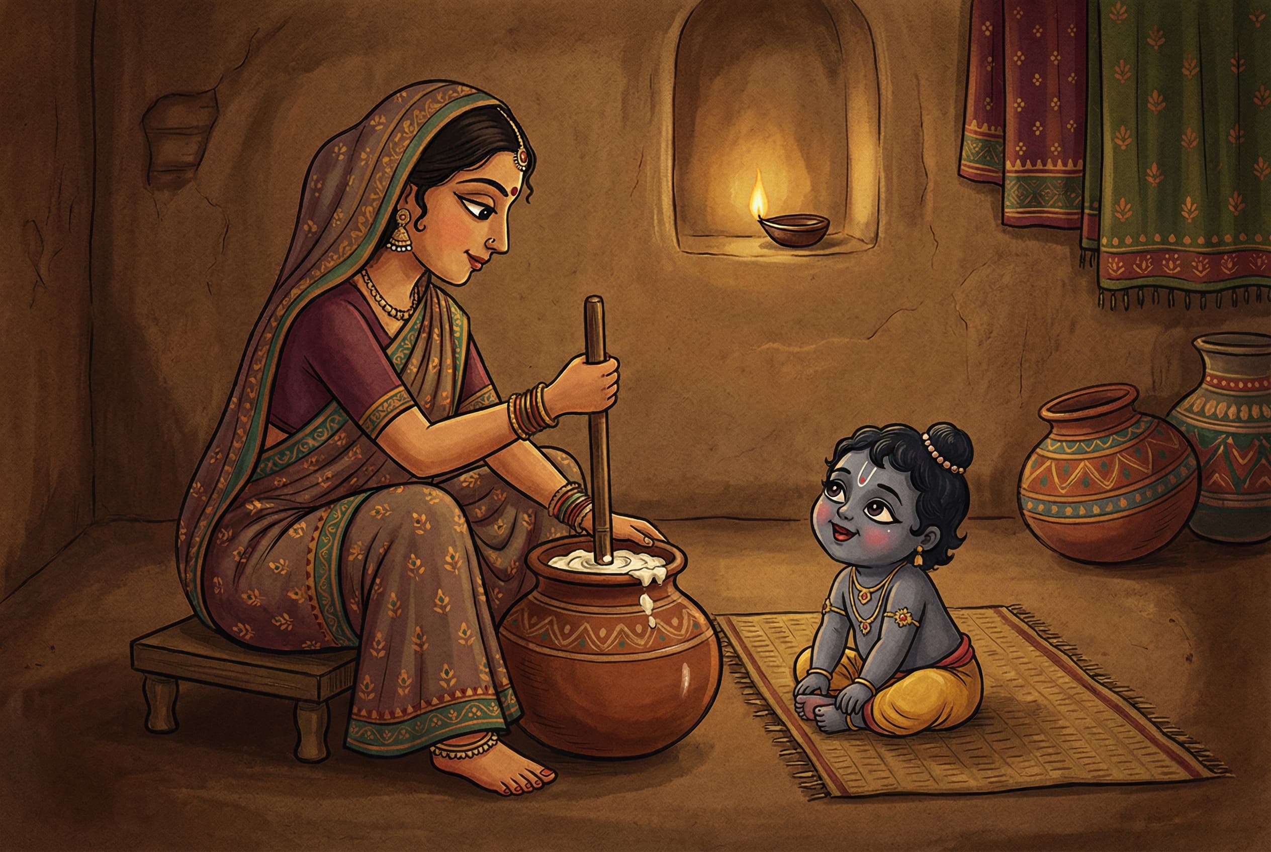 Mother Yashoda churning butter while baby Krishna watches with wide eyes