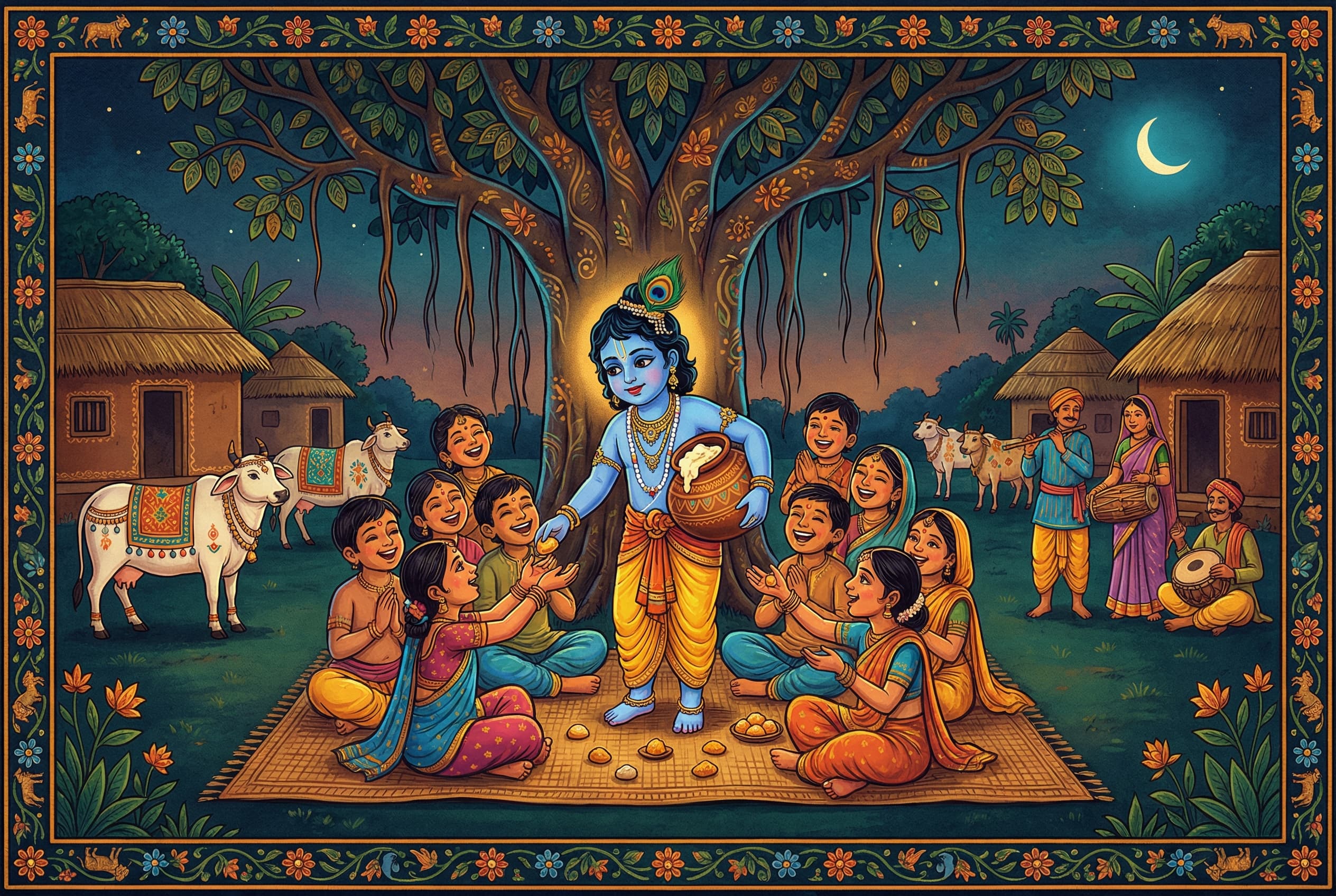 Krishna sharing butter and sweets with all the village children, everyone smiling together