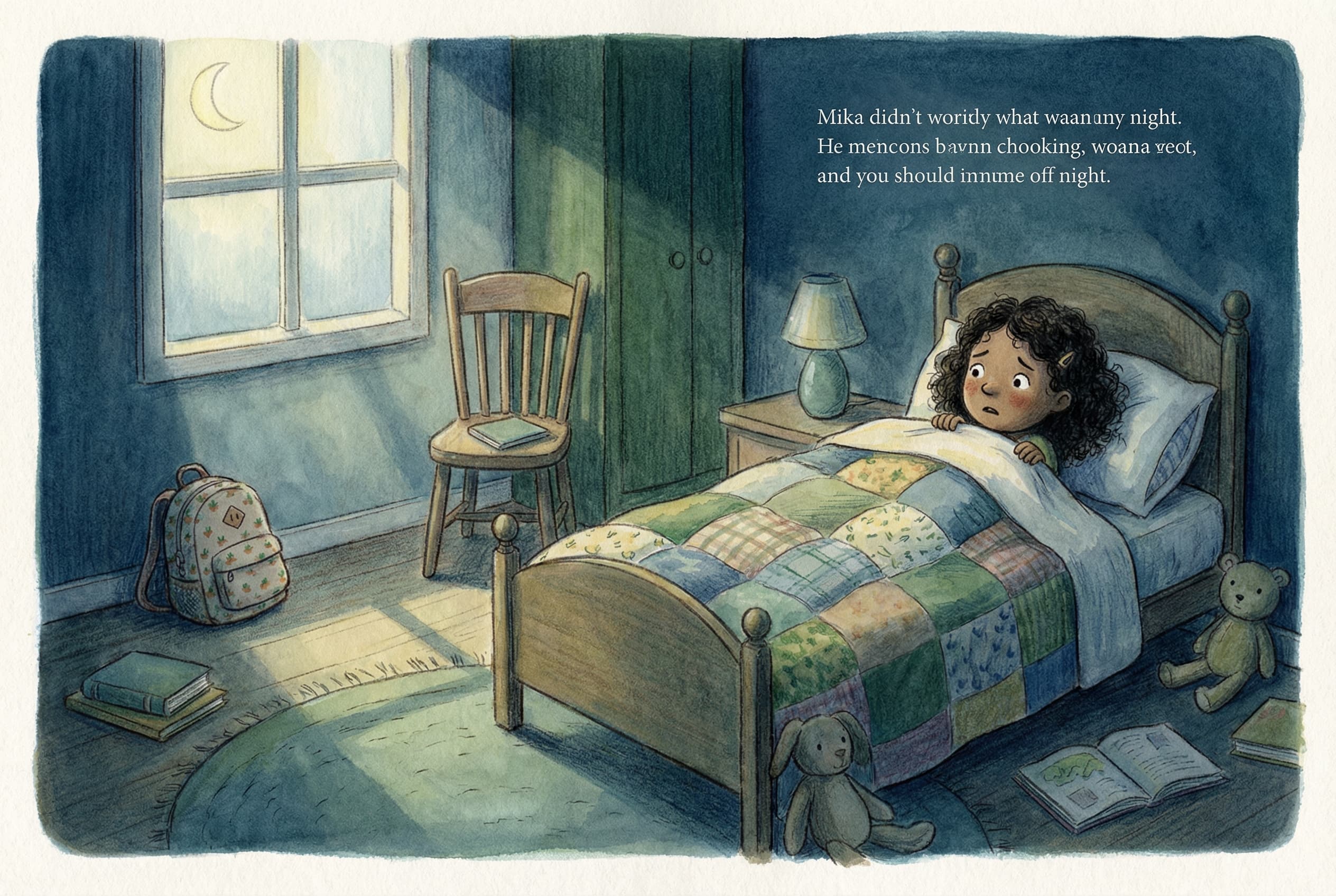 Mika lying in bed at night, looking worried with her packed backpack visible in the corner