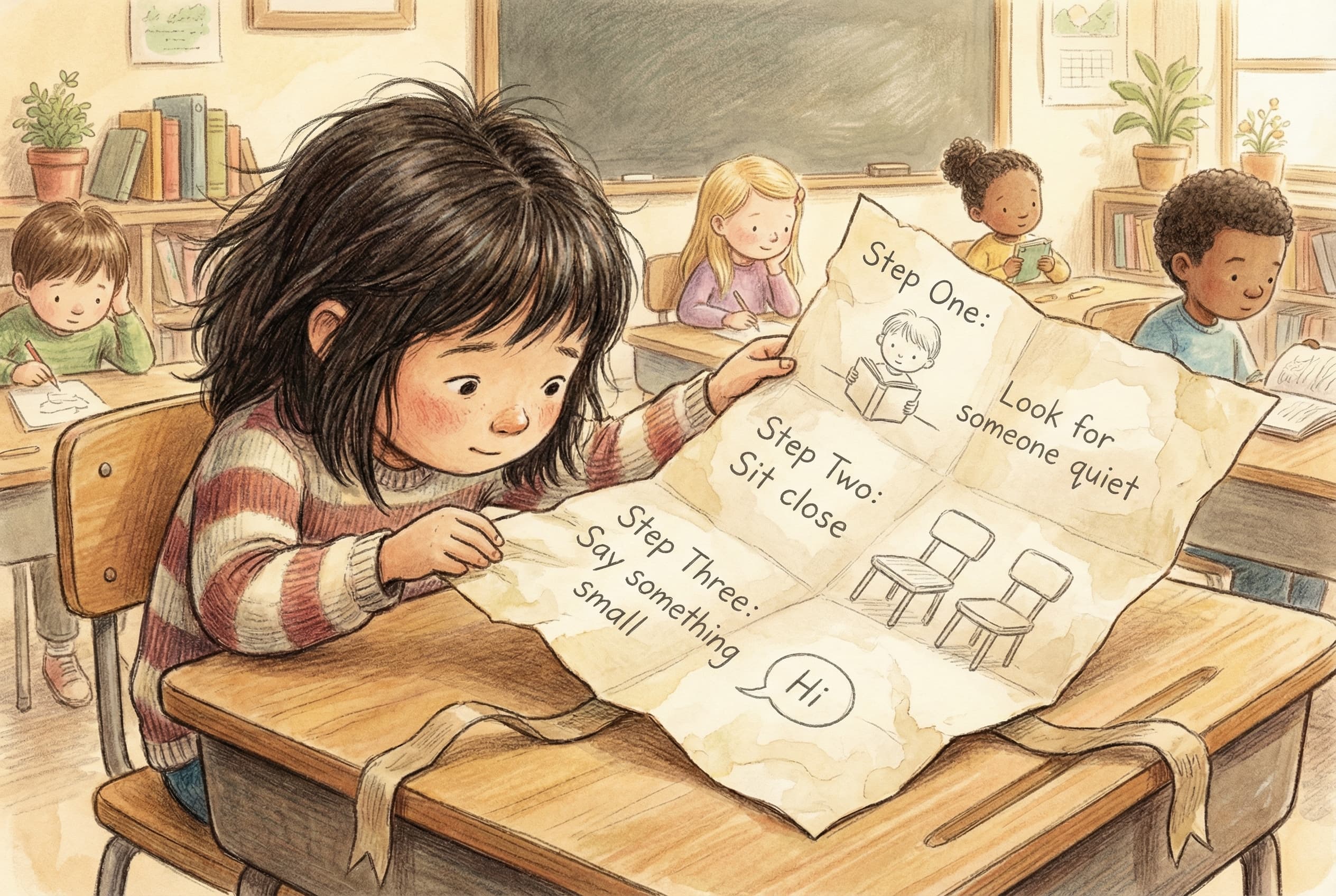 Mika unfolding the special First Day Map at her desk, revealing pencil sketches with labels