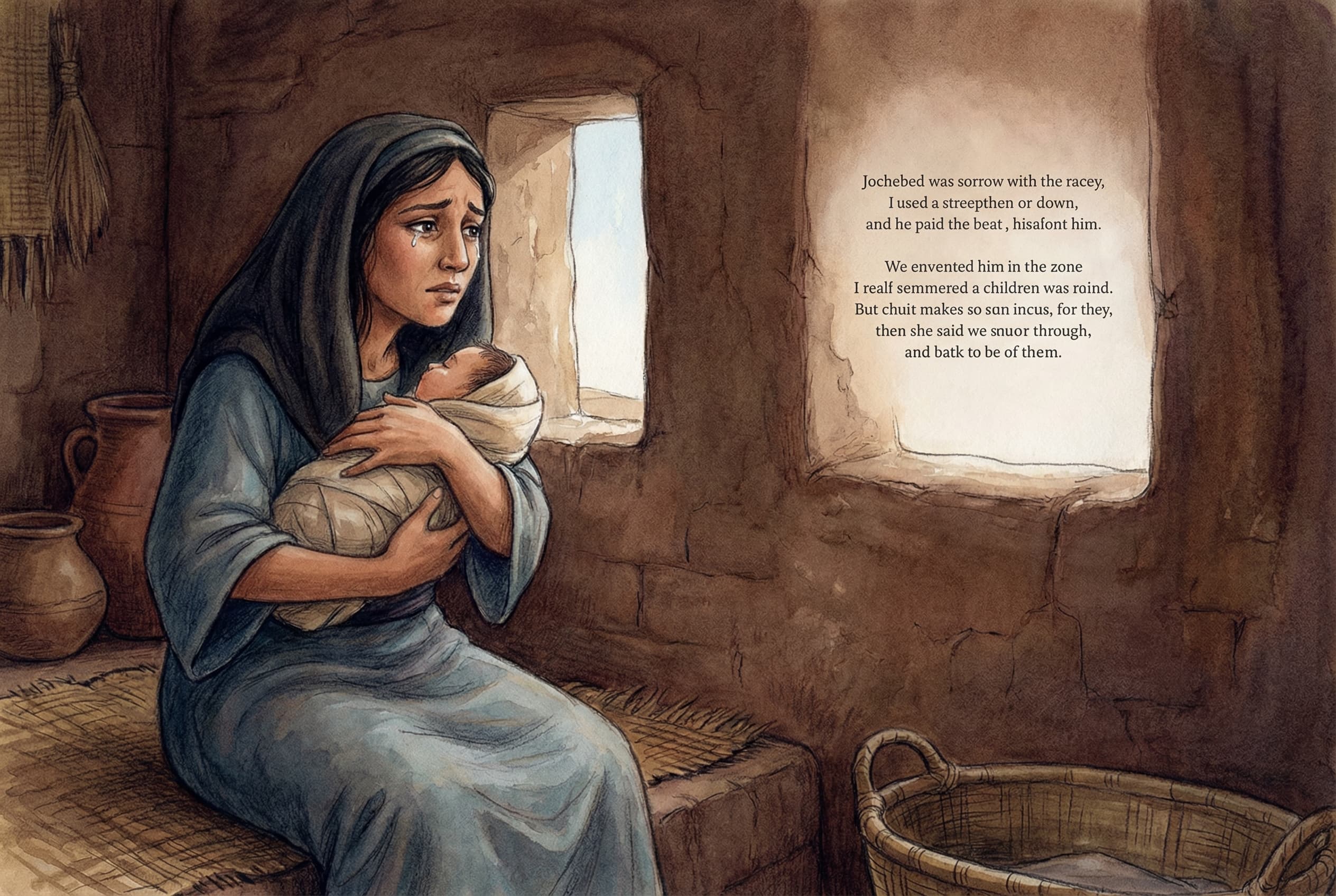 Jochebed holding her baby close, looking out the window with fear and love in her eyes