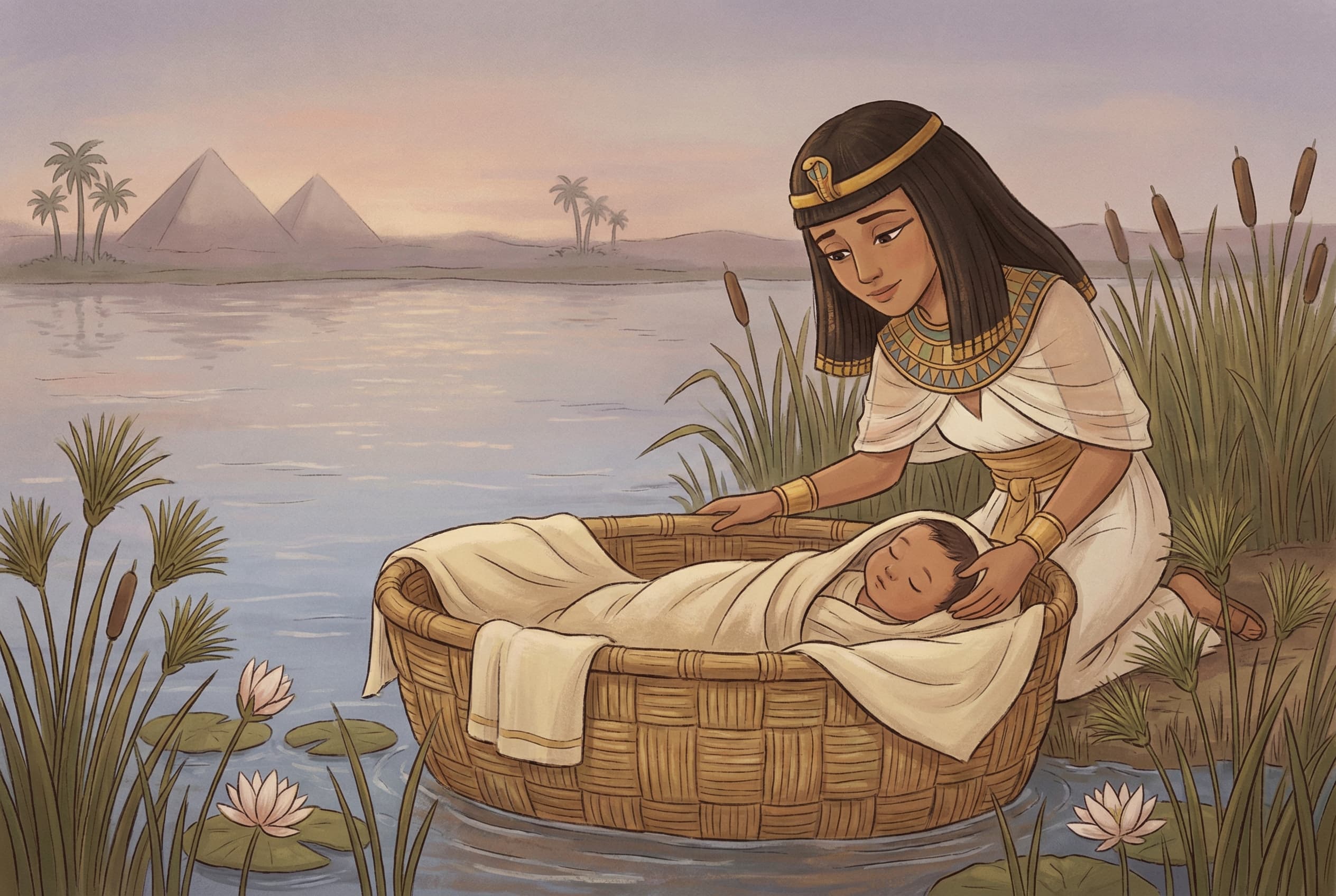 The Pharaoh's daughter finding the baby in the basket, her face full of compassion