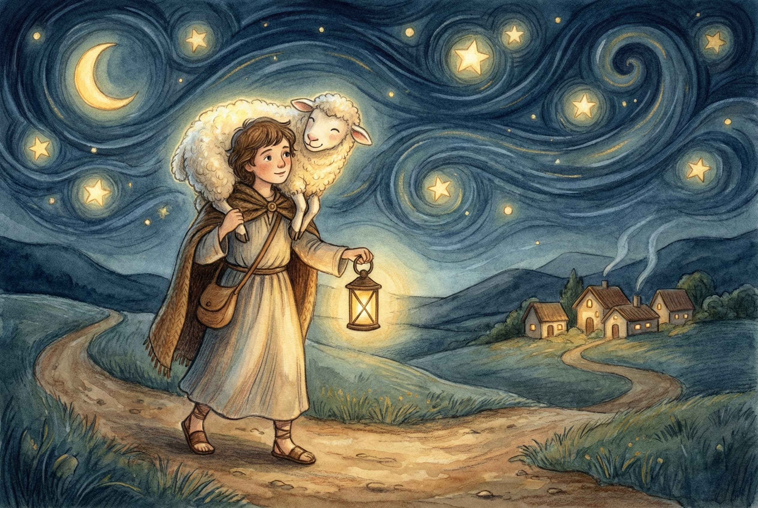 The shepherd carrying the sheep on his shoulders, walking home under the stars