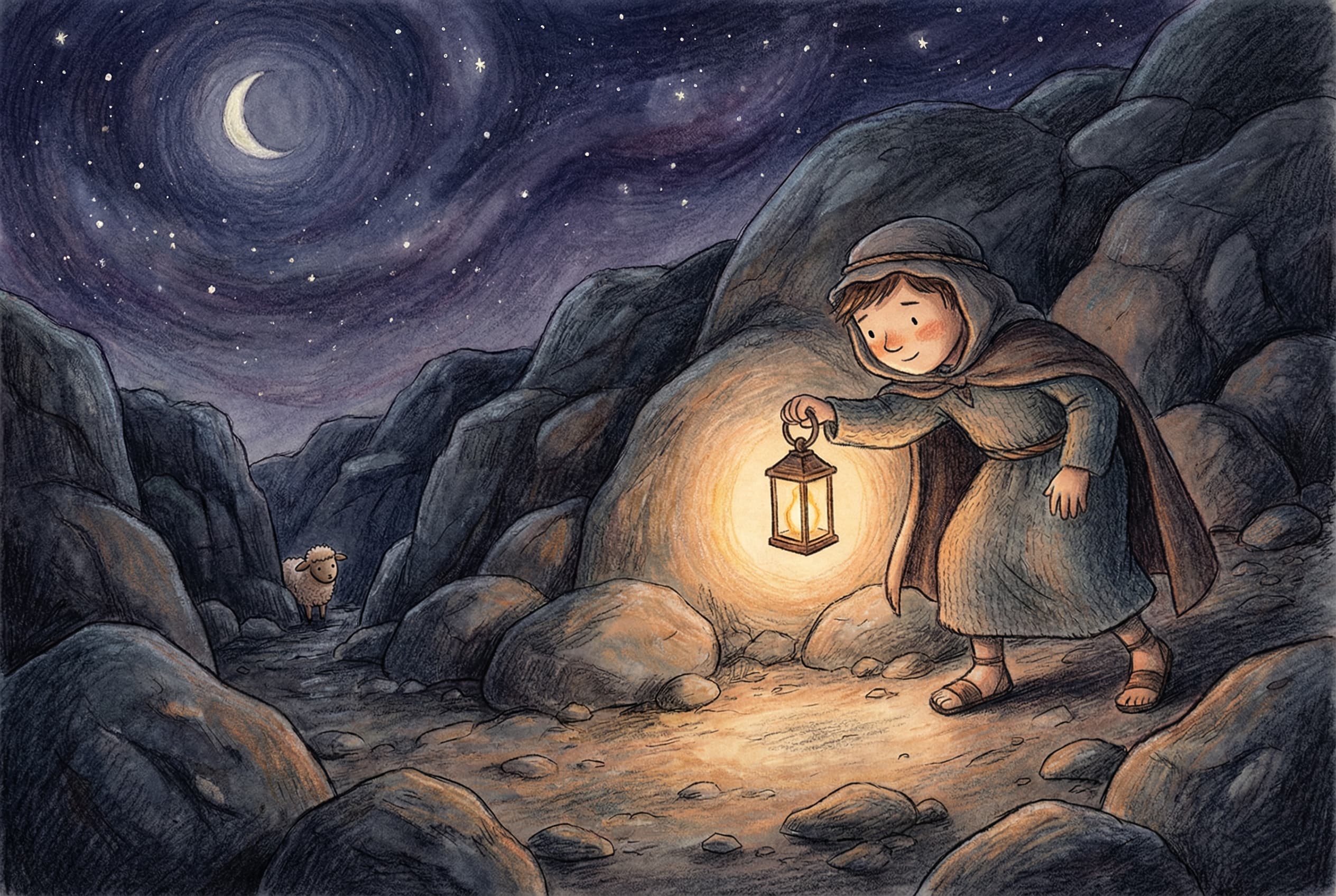The shepherd searching across rocky hills at night with only a lantern to light his way