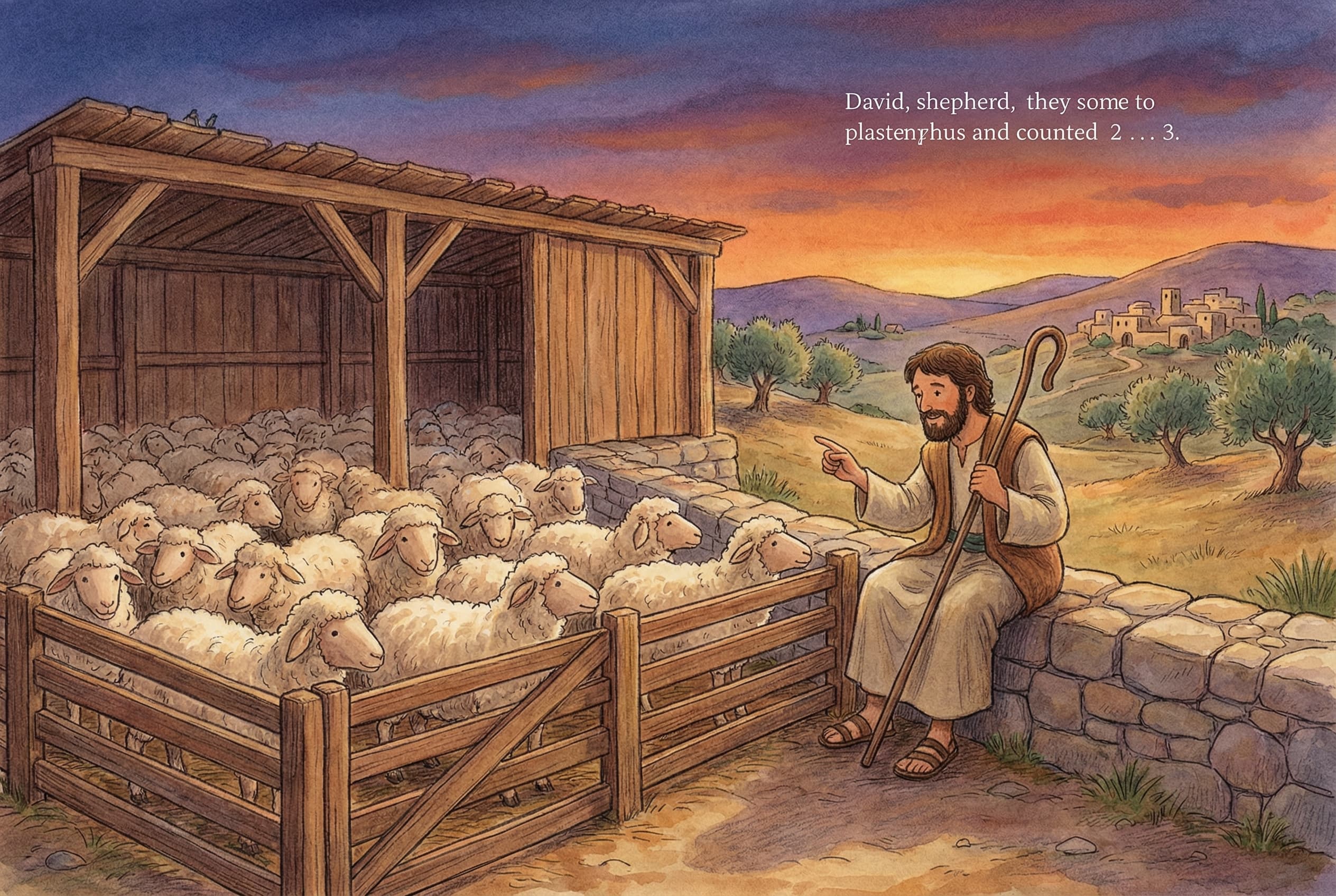 The shepherd David counting his sheep at sunset as they gather in the fold
