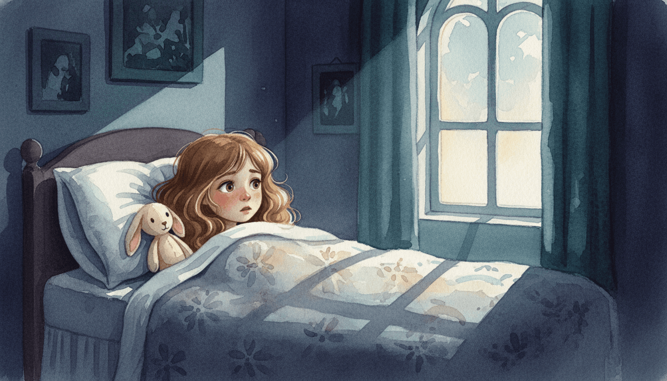 Sophie's dark bedroom at night with moonlight through the window