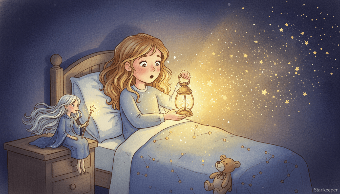 Sophie holds the magical lantern as her room fills with golden stars